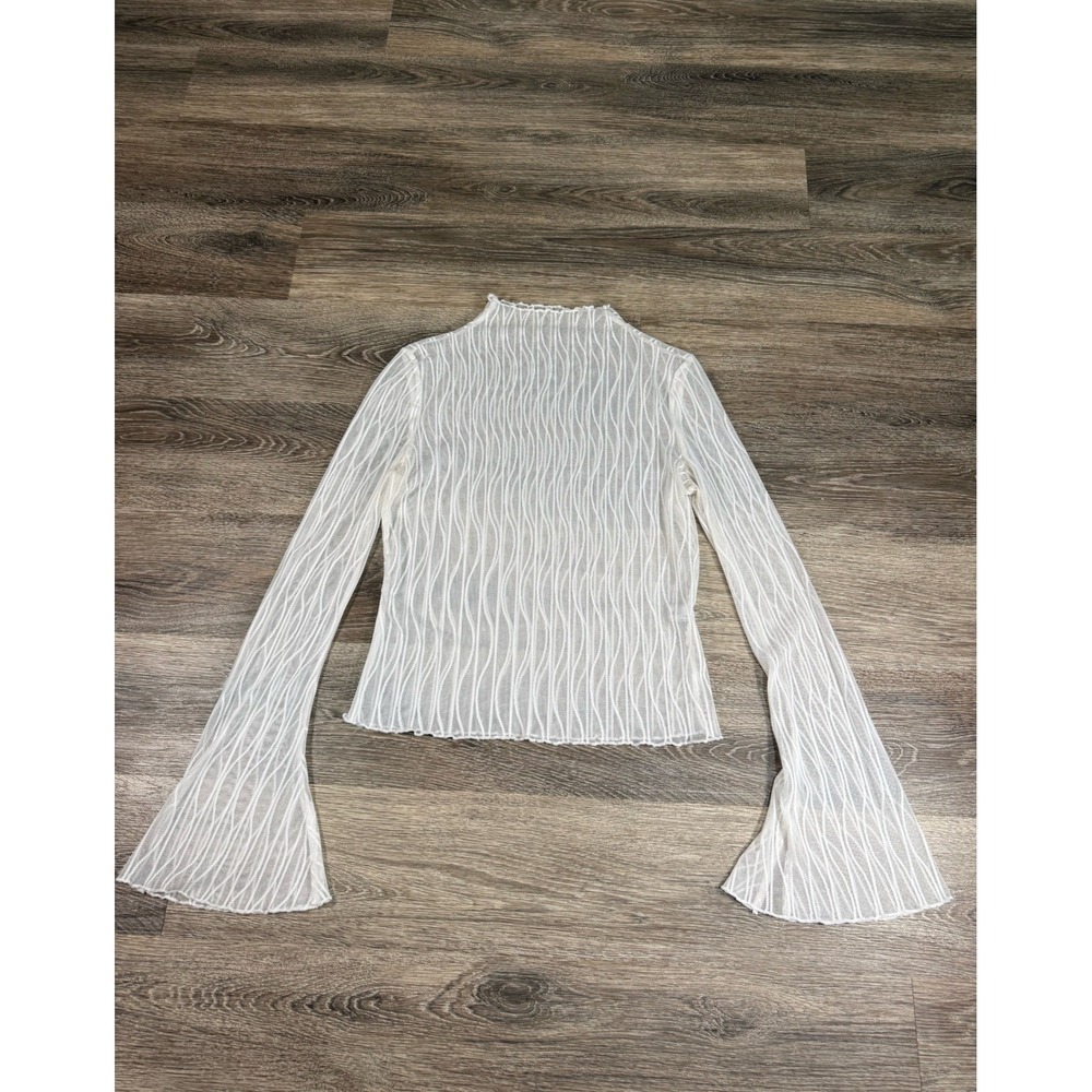 Rihoas Top Small White Sheer Mesh Wavy Textured‎ Mock Neck Bell Sleeve